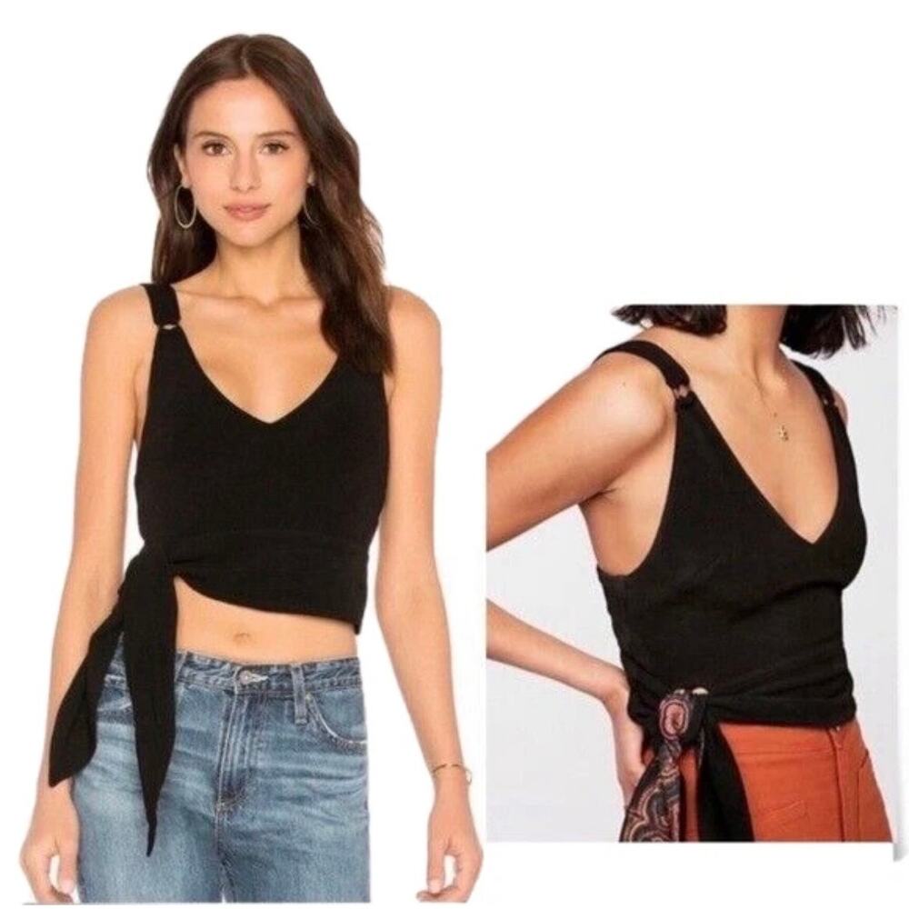 Free People Womens Blouse Black V Neck Crop Side Paisley Bow Tie Stretch Medium